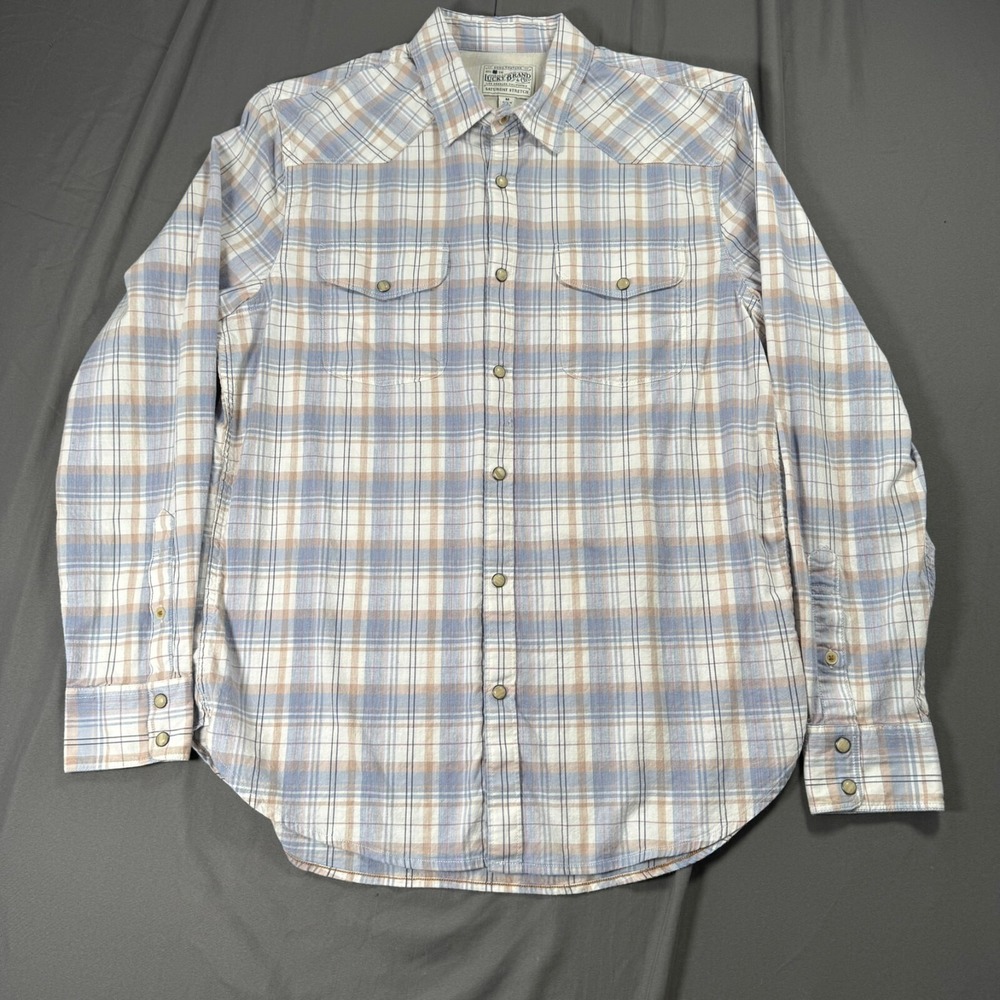 Lucky Brand Long Sleeve Button-Up Pearl Snap Pocket Shirt Stretch Check White M